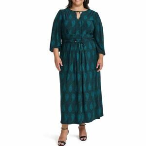 Tommy Hilfiger Tie-Neck Ruched-Waist Midi Dress Size 14 Stretch